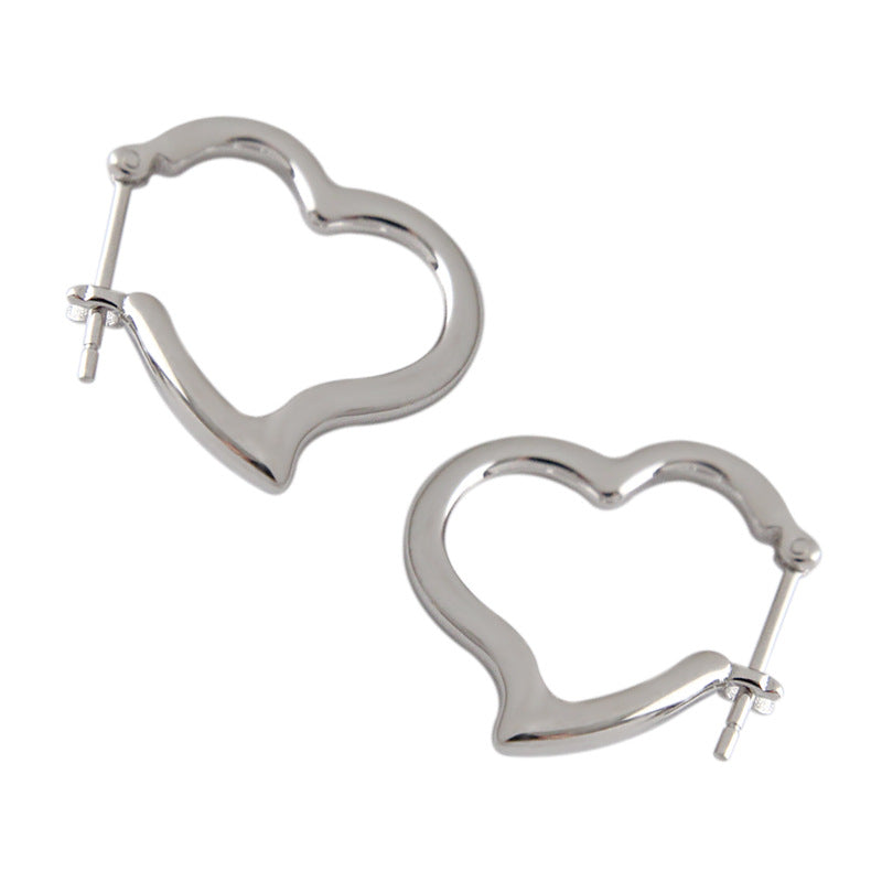 Office Lady Hollow Heart Silver Hoop Earrings