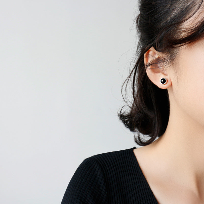 Simple Round Natural Agate Silver Stud Earrin