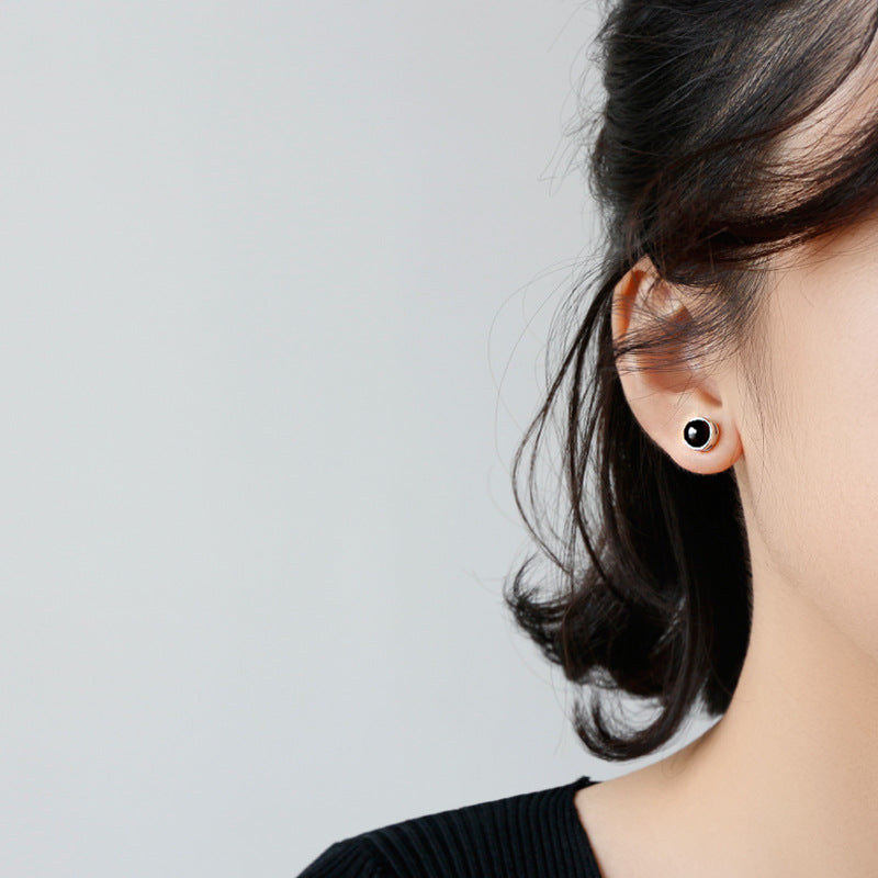 Simple Round Natural Agate Silver Stud Earrin