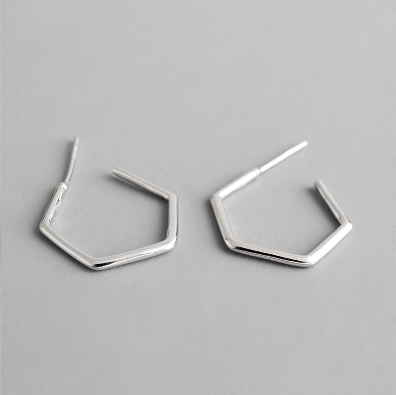 Geometry Hollow Hexagon Silver Hoop Earrings