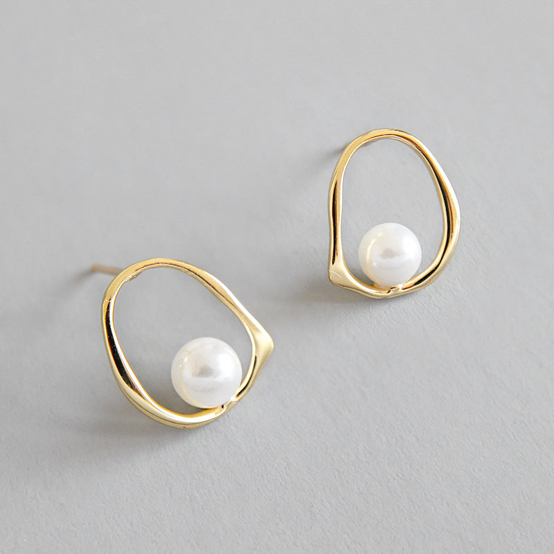 Geometric Round Shell Pearl Silver Studs Earrings
