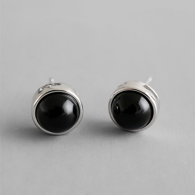 Simple Round Natural Agate Silver Stud Earrin