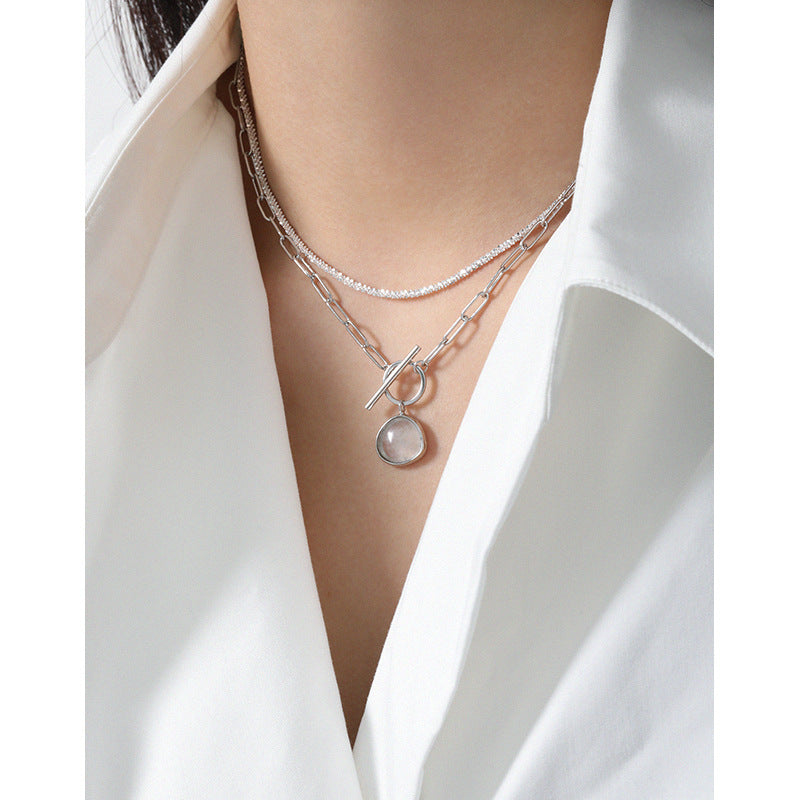 Graduation Round Natural Crystal Ot Hollow Chain Silver Sterl
