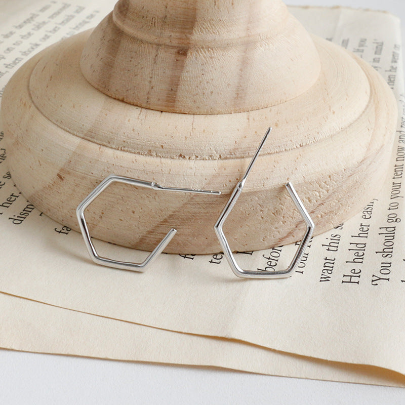Geometry Hollow Hexagon Silver Hoop Earrings