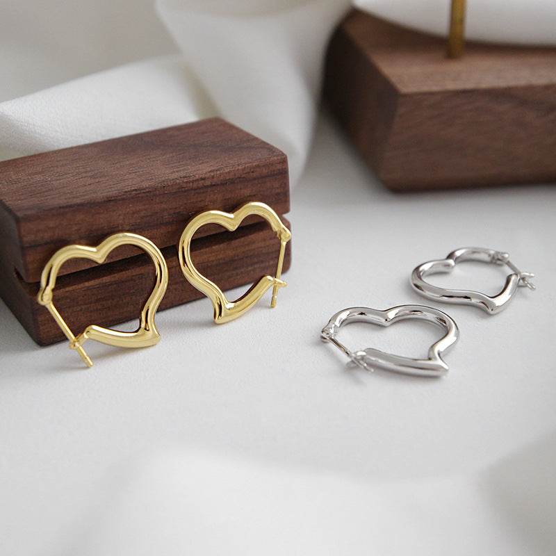 Office Lady Hollow Heart Silver Hoop Earrings