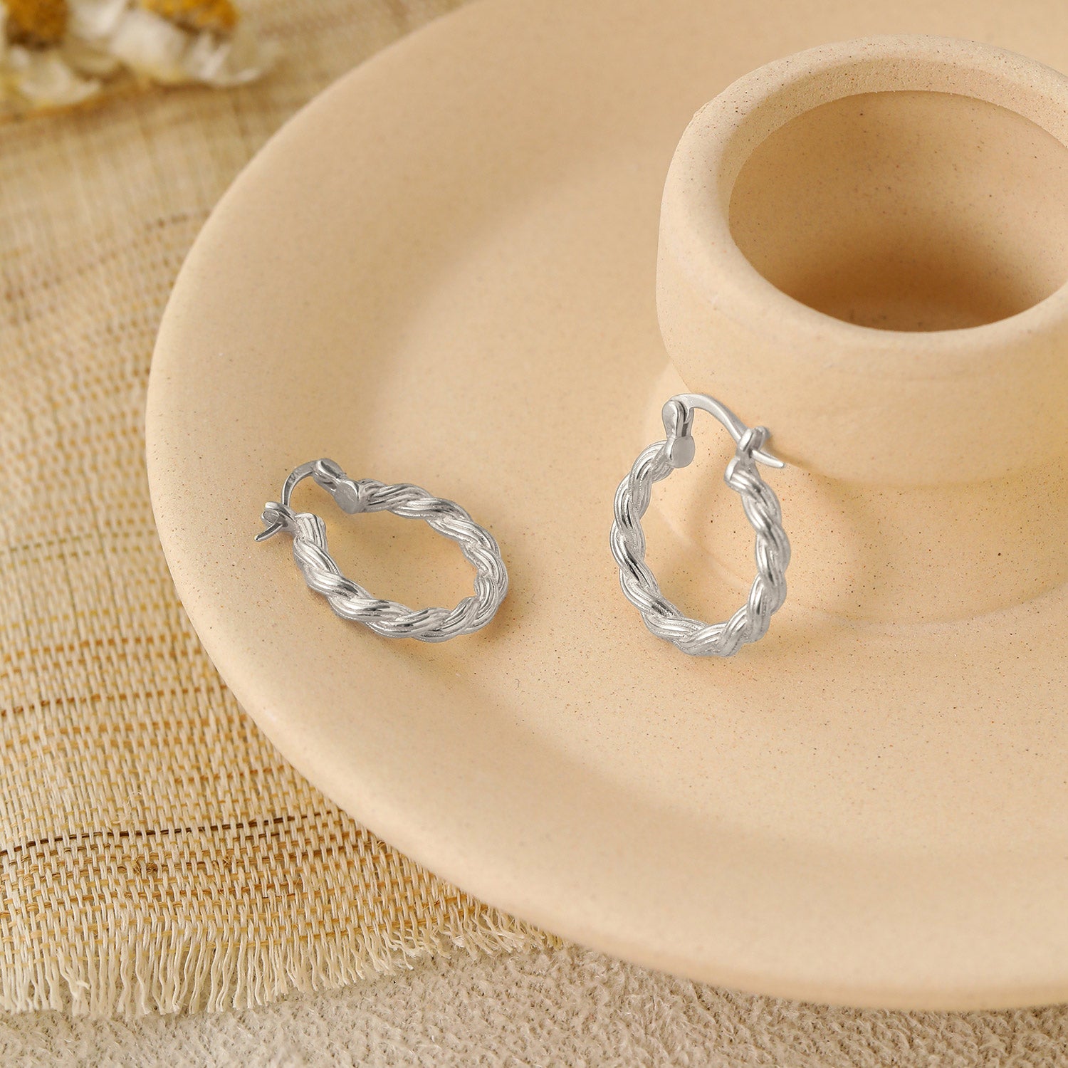 Simple Twisted Silver Hoop Earrings