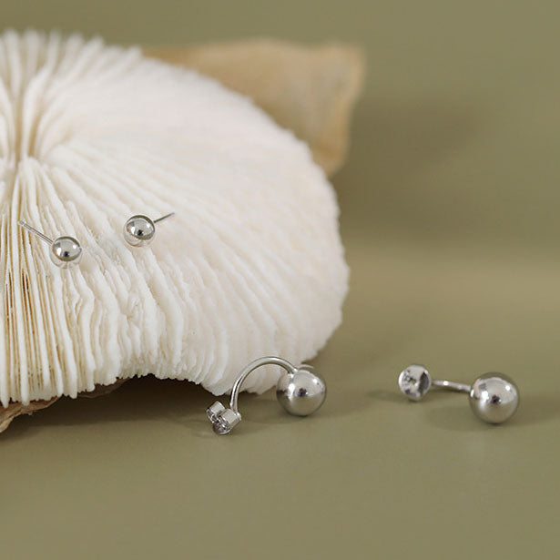 Simple Classic Round Beads Silver Stud Earrin