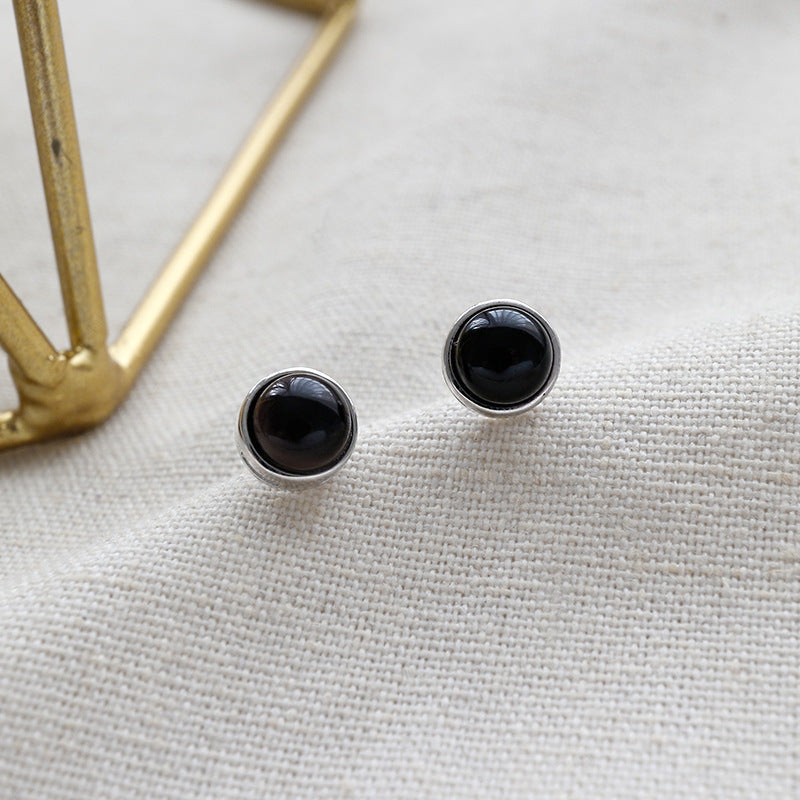 Simple Round Natural Agate Silver Stud Earrin