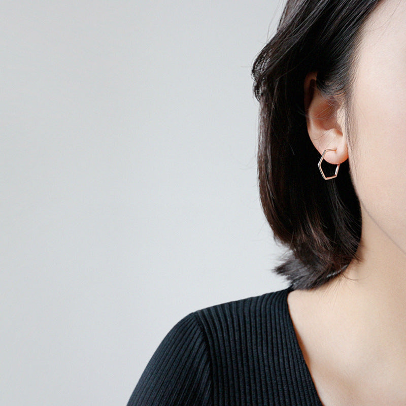 Geometry Hollow Hexagon Silver Hoop Earrings