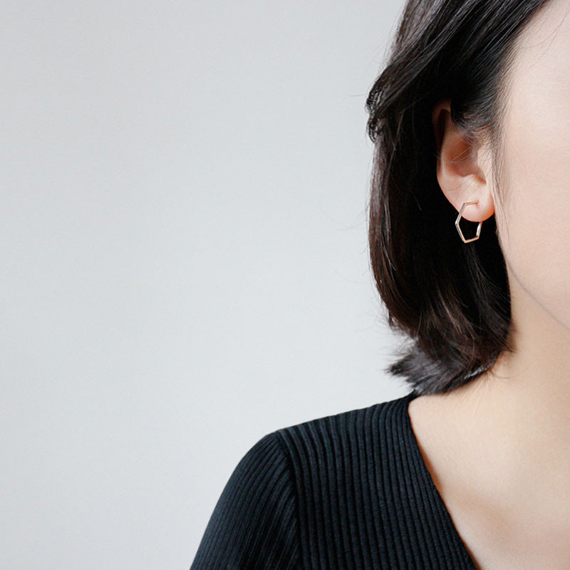 Geometry Hollow Hexagon Silver Hoop Earrings