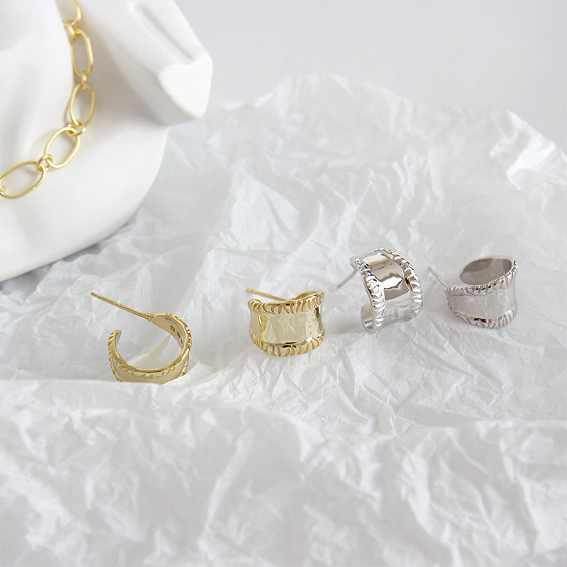 Retro Carved Wide Silver Studs Earrings